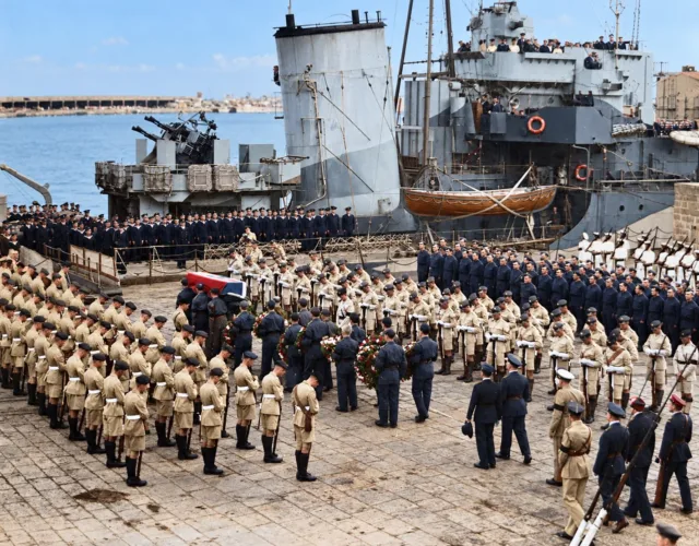 The coffin bearing the remains of General Władysław Sikorski, Commander-in-Chief of the Polish Armed Forces in the West, being carried aboard the Polish destroyer ORP Orkan (formerly HMS Myrmidon) in Gibraltar on 8th July 1943.

Just four days earlier, on 4th July 1943, General Sikorski had been killed when the Consolidated Liberator aircraft carrying him and his party crashed into the sea shortly after taking off from Gibraltar.

ORP Orkan departed Gibraltar carrying the General’s remains to Great Britain for burial.

Tragically, the destroyer would itself be lost just three months later, on 8th October 1943, when it was torpedoed in the North Atlantic.

#gibraltar #history #wwii #ww2 #heritage

📸 Kenneth Busuttil